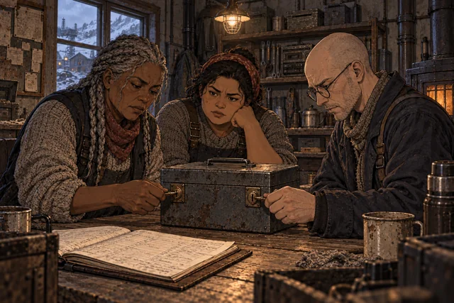 Scene featuring Hugo Velt: right, turning the second key