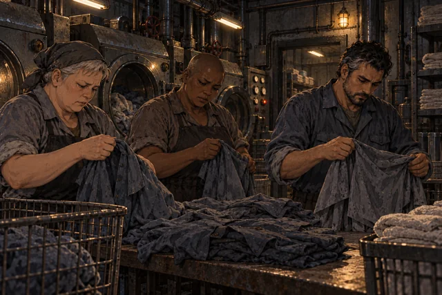 Scene featuring Amin Hest: centre, examining the shirt