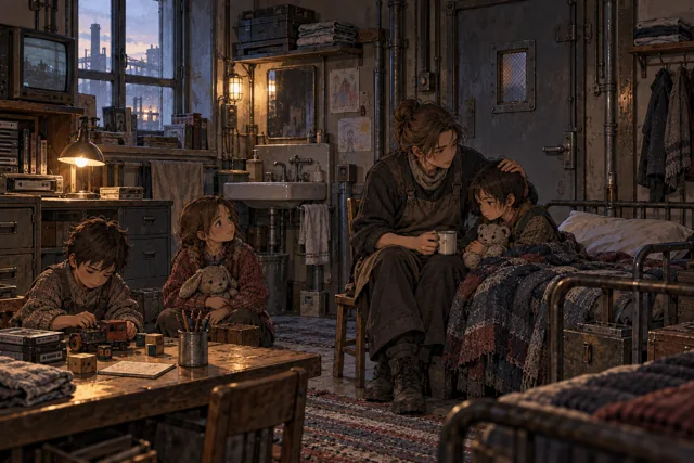 Scene featuring Kati Drenek: centre-left, holding the soft toy