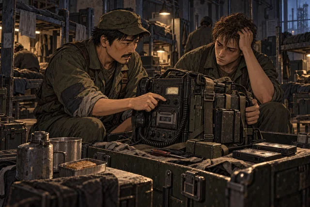 Scene featuring Aron Pell: left, checking the field radio