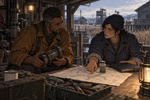 Scene featuring Ada Rell: right, pointing at the river sketch