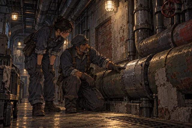 Scene featuring Petr Anov: right, kneeling and pointing to the repair