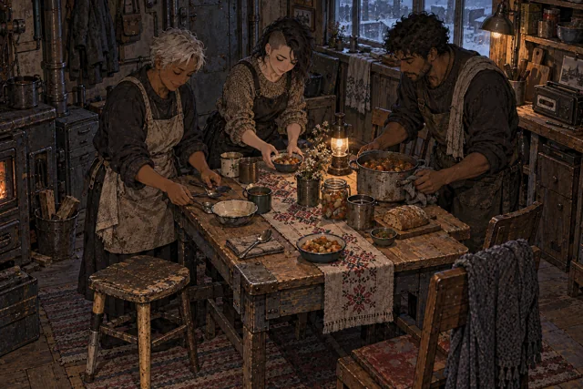 Scene featuring Ilma Ravelin: left, setting down the bowl