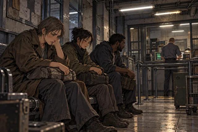 Scene featuring Beren Torsk: leftmost adult on the arrival bench