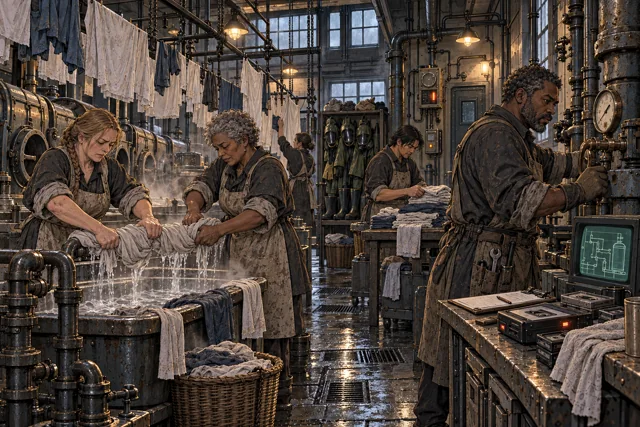 Scene featuring Hamid Orsel: right, working at the gauge