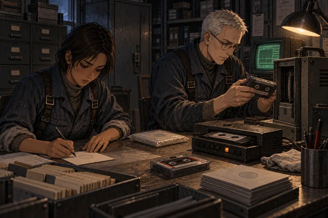 Scene featuring Nika Severin: left, writing on the paper sleeve
