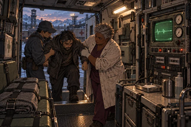 Scene featuring Deren Gask: centre, stepping into the medical transport