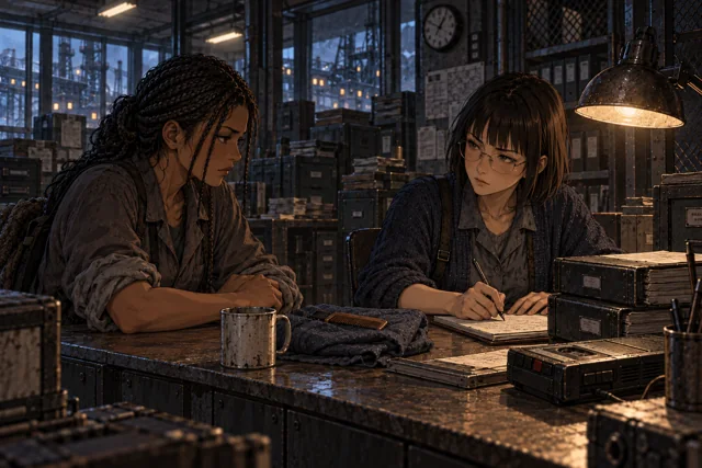 Scene featuring Salka Ren: right, writing in the property record