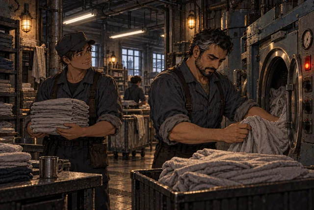 Scene featuring Jannis Revek: left, holding the folded laundry