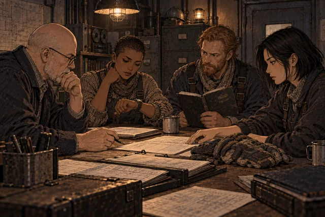 Scene featuring Alek Ron: centre-right, holding the training book
