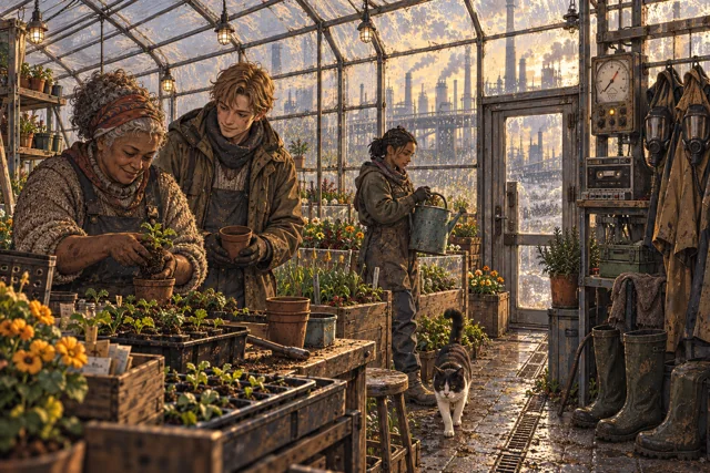 Scene featuring Ansel Korrin: centre, holding the small pot