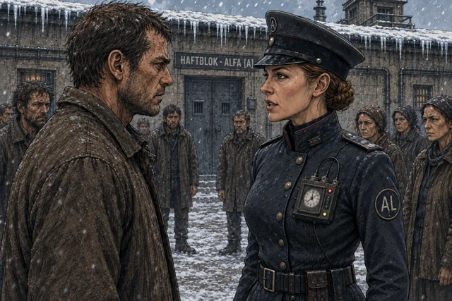 Scene featuring Rask Varlen: left foreground, facing the warden