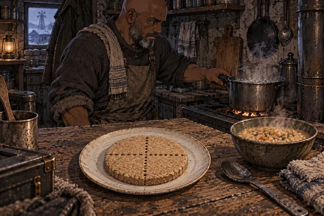 Scene featuring Samir Oltan: behind the ration disc, tending the pot