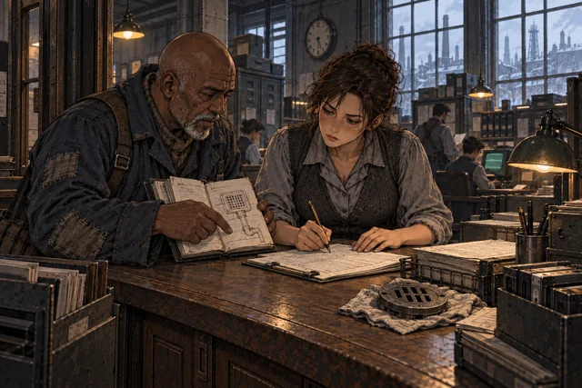 Scene featuring Toma Vesk: left, holding the notebook open