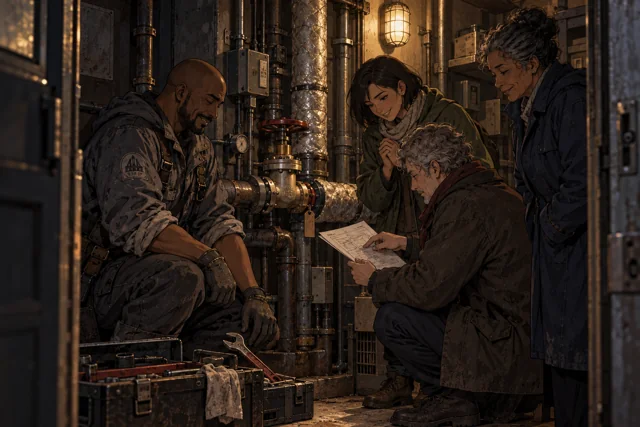 Scene featuring Eline Vorsk: centre, looking down at the valve