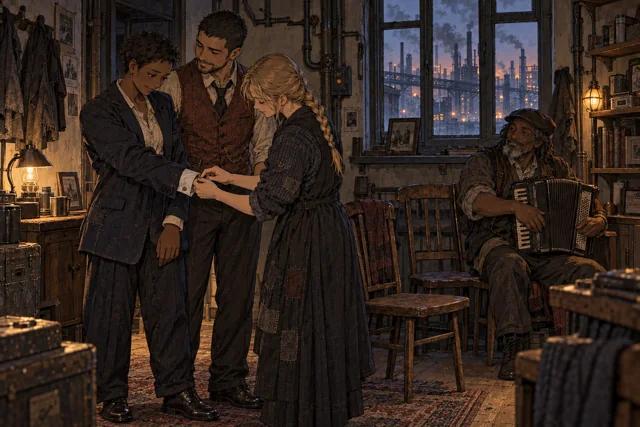 Scene featuring Amira Kes: left, having her cuff adjusted