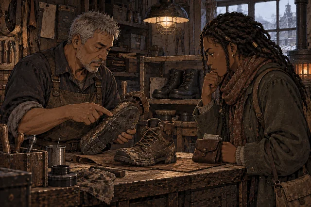 Scene featuring Ilian Marvek: left, holding the worn boot