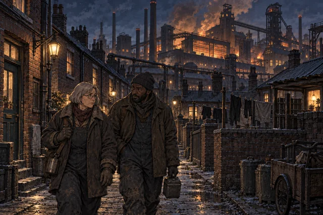 Scene featuring Ester Pov: left, walking past the brick terraces