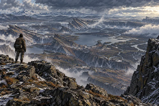 Scene featuring Toren Haskel: lone figure overlooking the altered basin