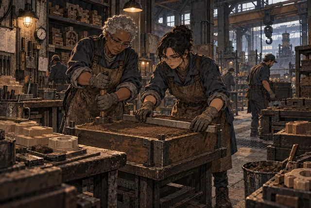 Scene featuring Mira Ken: right, preparing the mould beside Oda