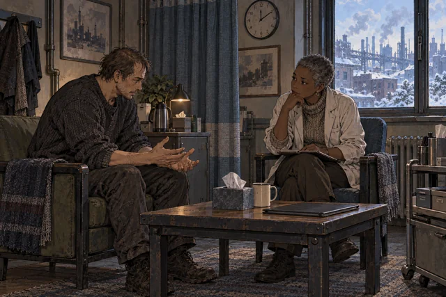 Scene featuring Goran Velek: left, speaking with open hands