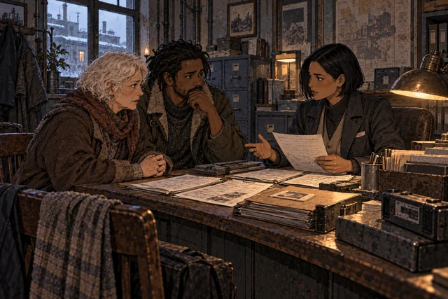 Scene featuring Hela Bransk: left, presenting her papers