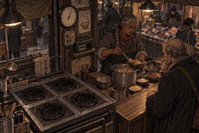 Scene featuring Mila Renn: behind the serving counter, holding the ladle