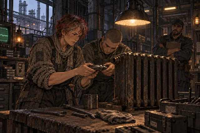 Scene featuring Maksim Tal: right, examining the fitting with Runa