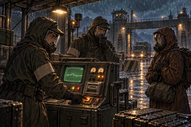 Scene featuring Anya Kerv: left, operating the detector console