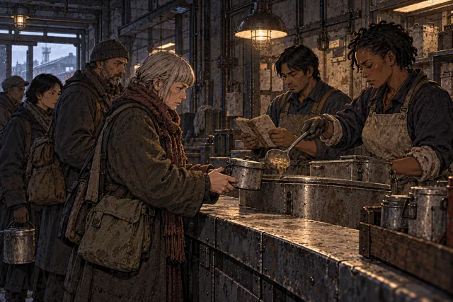 Scene featuring Dina Orsen: right, lifting the ladle