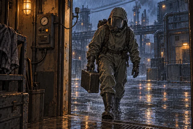 Scene featuring Vren Talik: the fully enclosed worker approaching the doorway