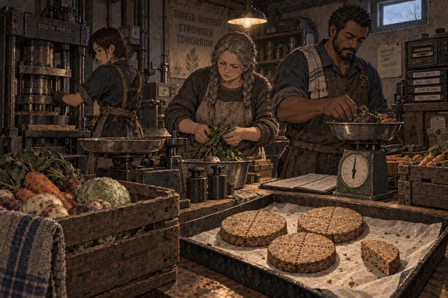 Scene featuring Ema Rovek: left, operating the cooperative press