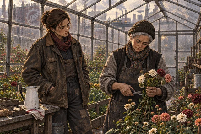 Scene featuring Ilona Brecht: right, cutting the memorial flowers