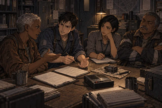 Scene featuring Dena Morsk: centre-right, holding a pencil