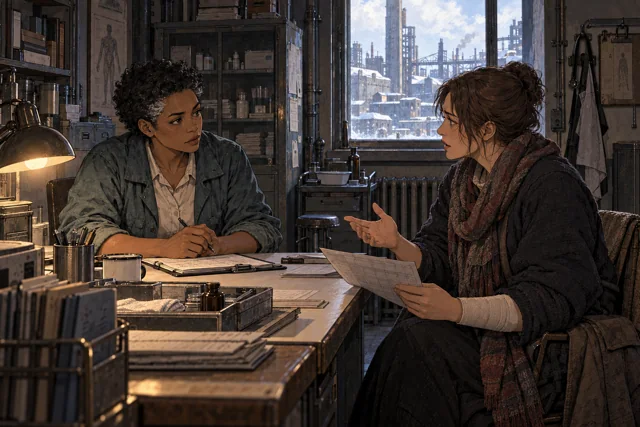 Scene featuring Alena Borsk: right, holding a shift sheet with a dressed wrist