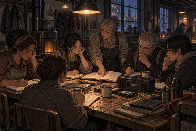 Scene featuring Hava Vernek: far left, beside the open notebook