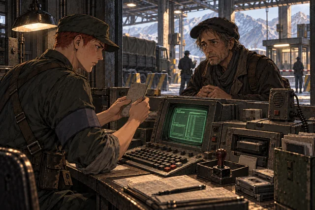 Scene featuring Jorin Skell: left, examining the passenger’s papers