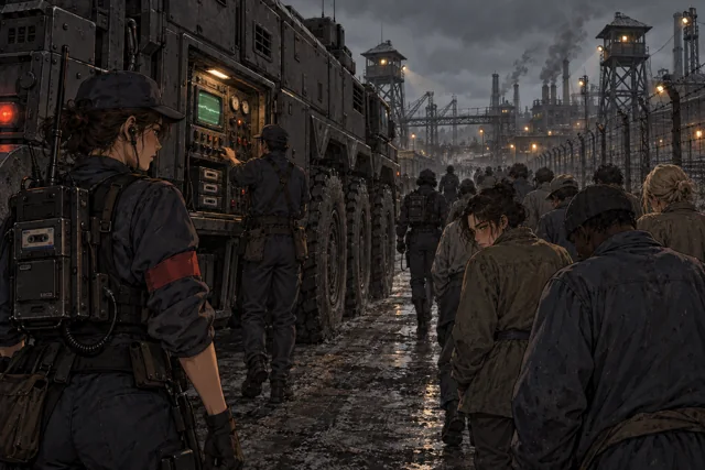 Scene featuring Elsa Krav: left foreground, beside the carrier equipment