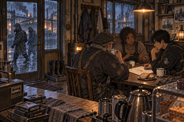 Scene featuring Petr Kavel: right, leaning over the table
