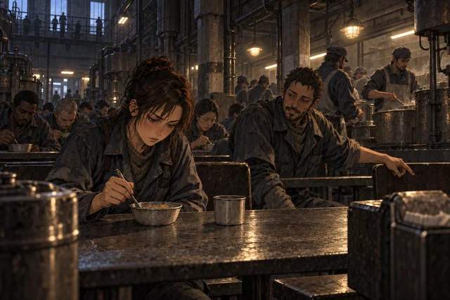 Scene featuring Nina Rask: left foreground, studying the bowl