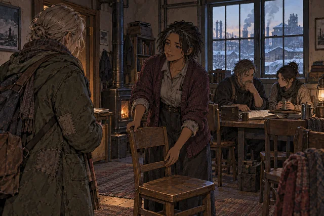 Scene featuring Helga Nerst: left foreground, facing Mira