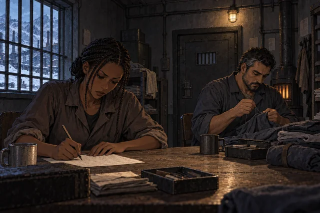 Scene featuring Dara Venn: left, writing at the table