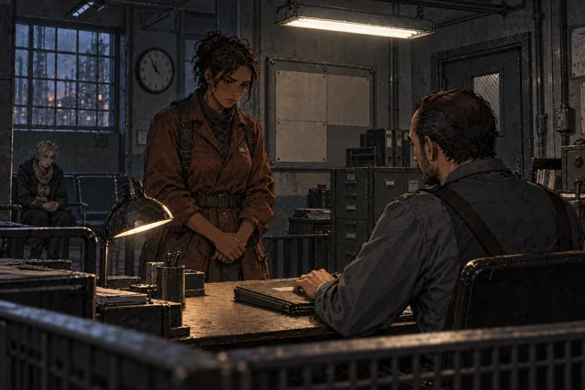 Scene featuring Kurt Draven: right, seated at the recruitment desk