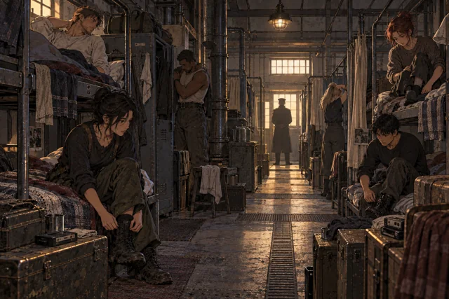 Scene featuring Ilse Pem: upper-left bunk, preparing to rise