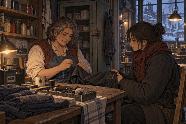 Scene featuring Adela Osk: right, holding the garment