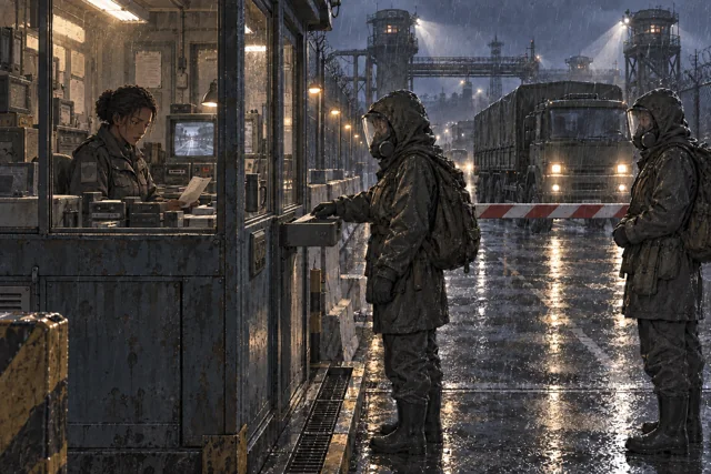 Scene featuring Iven Torv: right, waiting in sealed rainwear