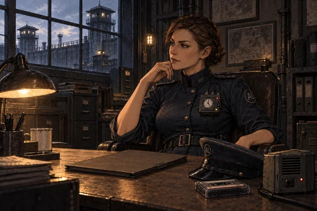 Scene featuring Severine Holt: seated behind the warden’s desk