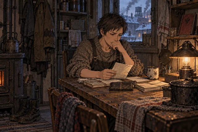 Scene featuring Aneta Sorn: alone at the household table