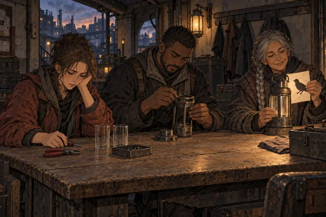 Scene featuring Alina Draven: left, fitting the small lantern part