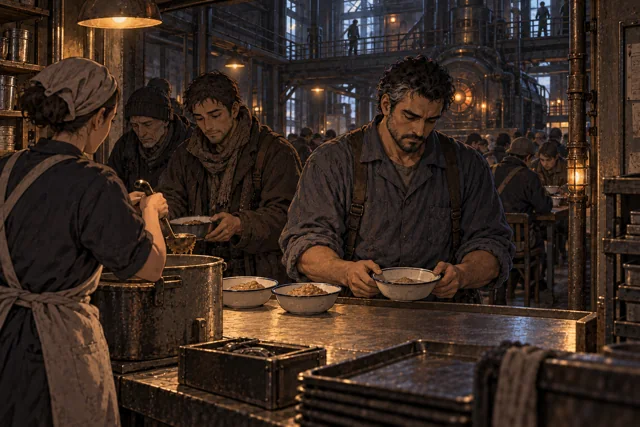 Scene featuring Glena Raf: left foreground, working the serving hatch